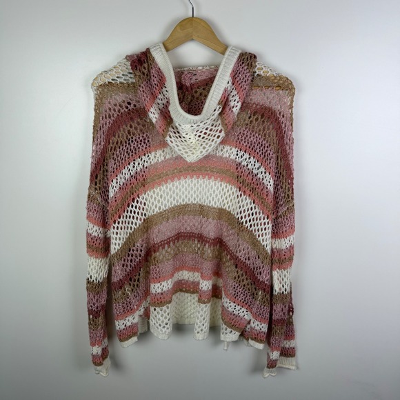 Cato Est 1946 Striped Crochet Open Knit Hooded Cardigan Sweater Size XL Boho - Picture 4 of 9